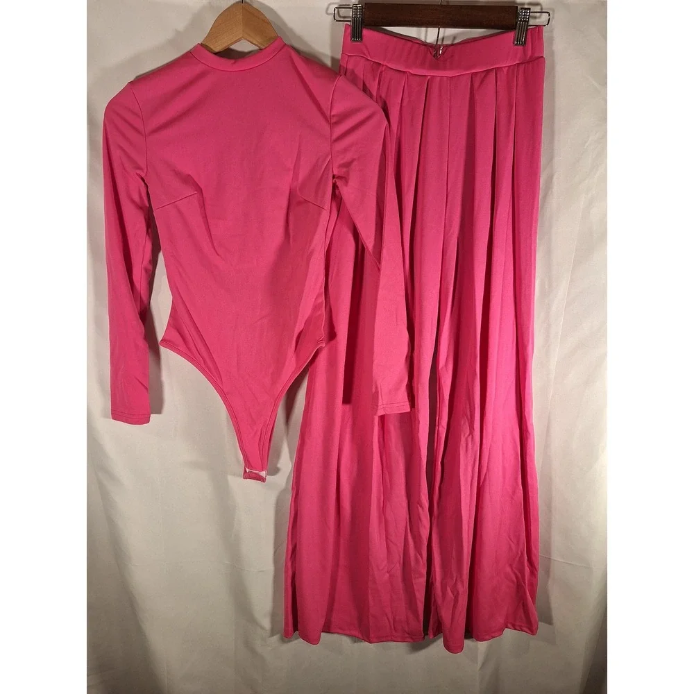 Hot Pink 2 Piece Set Womens Small Bodysuit and Wide Leg‎ Pants Mock Neck Vibrant